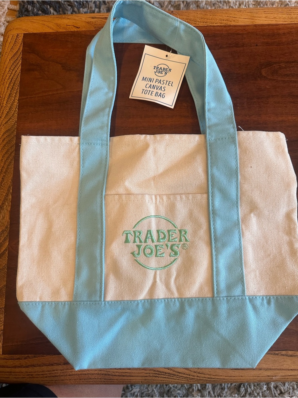 Trader Joe's Mini Canvas Tote in Light Blue and Cream